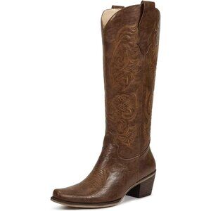 Women's Classic Brown Butterfly Faux Leather Embroidered Zipper Chunky Heel Boot